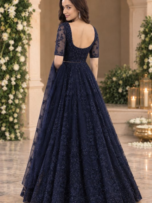 Premium Navy Blue Embroidered Party Wear Gown – Shraddha Kapoor Style | Elegant Wedding & Reception Look