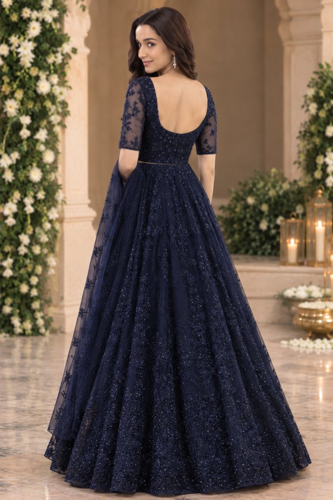 Premium Navy Blue Embroidered Party Wear Gown – Shraddha Kapoor Style | Elegant Wedding & Reception Look