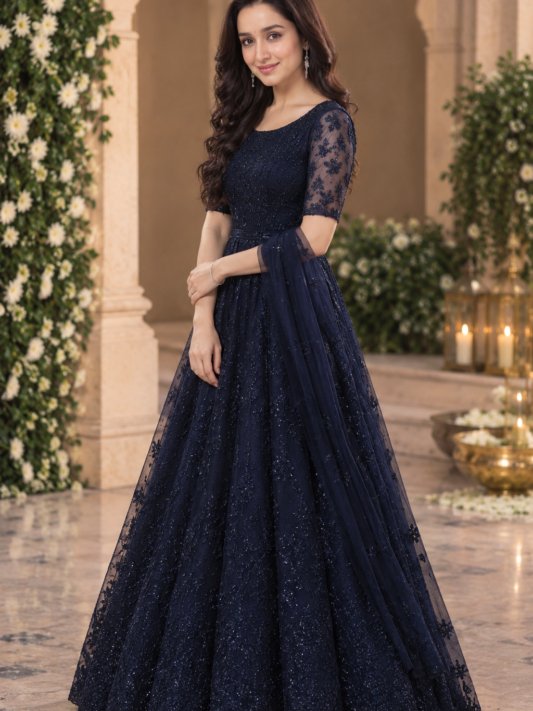 Premium Navy Blue Embroidered Party Wear Gown – Shraddha Kapoor Style | Elegant Wedding & Reception Look