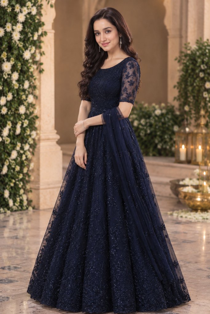 Premium Navy Blue Embroidered Party Wear Gown – Shraddha Kapoor Style | Elegant Wedding & Reception Look