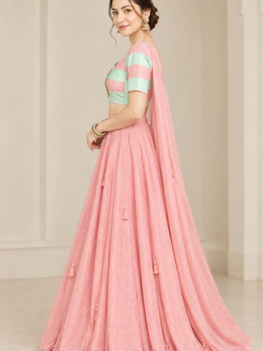 Coral Pink Embroidered Georgette Lehenga