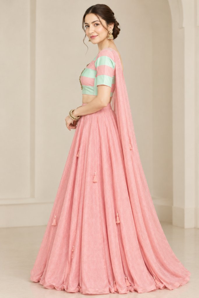 Coral Pink Embroidered Georgette Lehenga