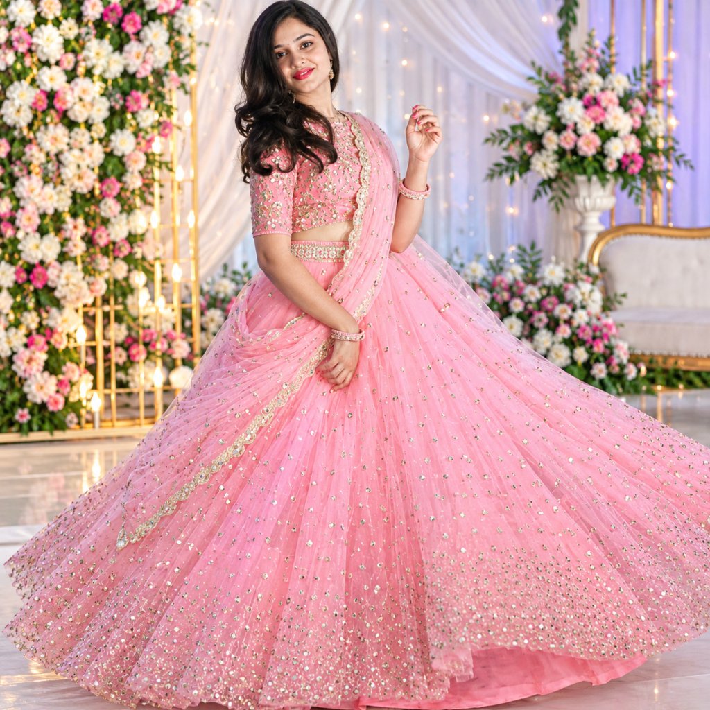 Pink Butterfly Mono Net New Launch Party Wear Lehenga Choli