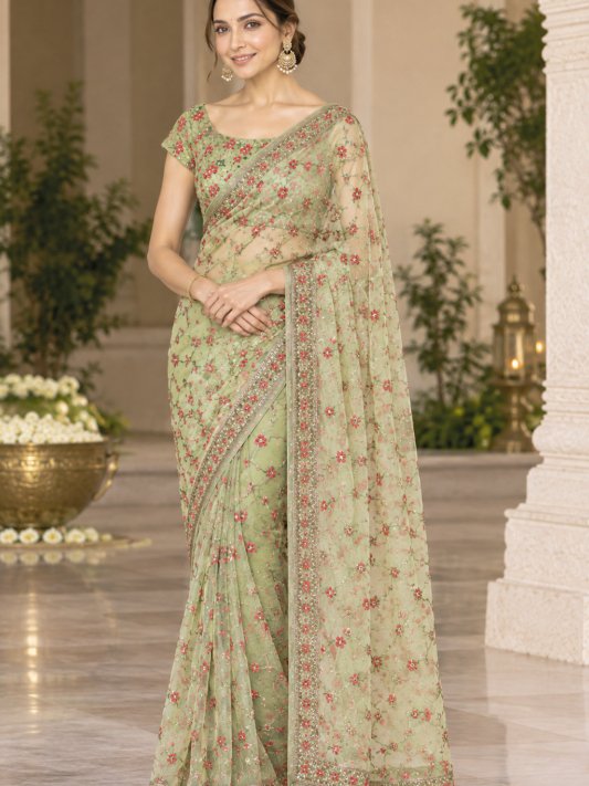 Stylish Green Star Georgette Saree with All Over Butta Embroidery and Blouse