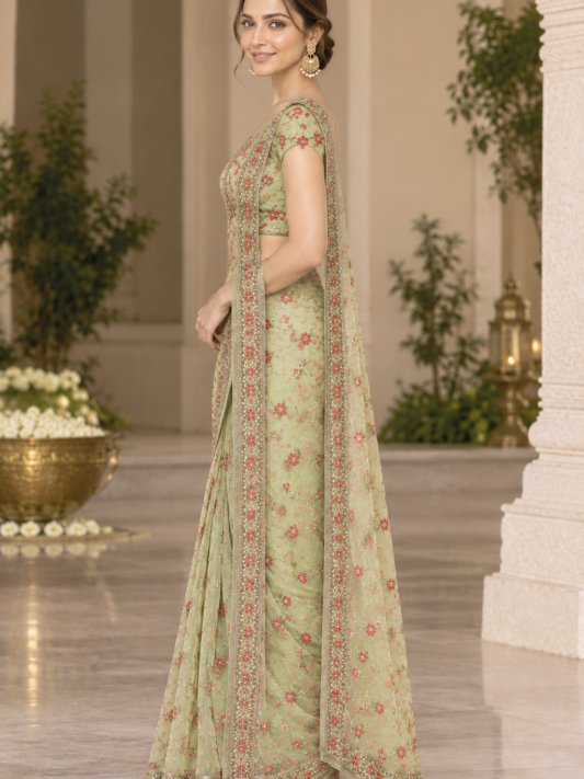Stylish Green Star Georgette Saree with All Over Butta Embroidery and Blouse