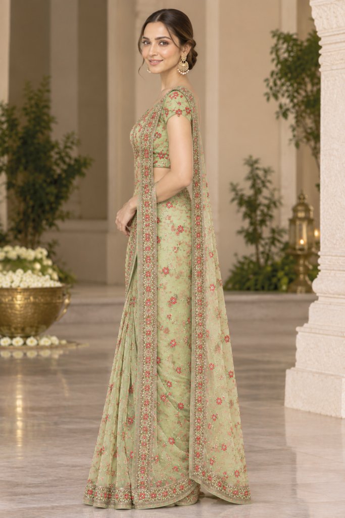 Stylish Green Star Georgette Saree with All Over Butta Embroidery and Blouse