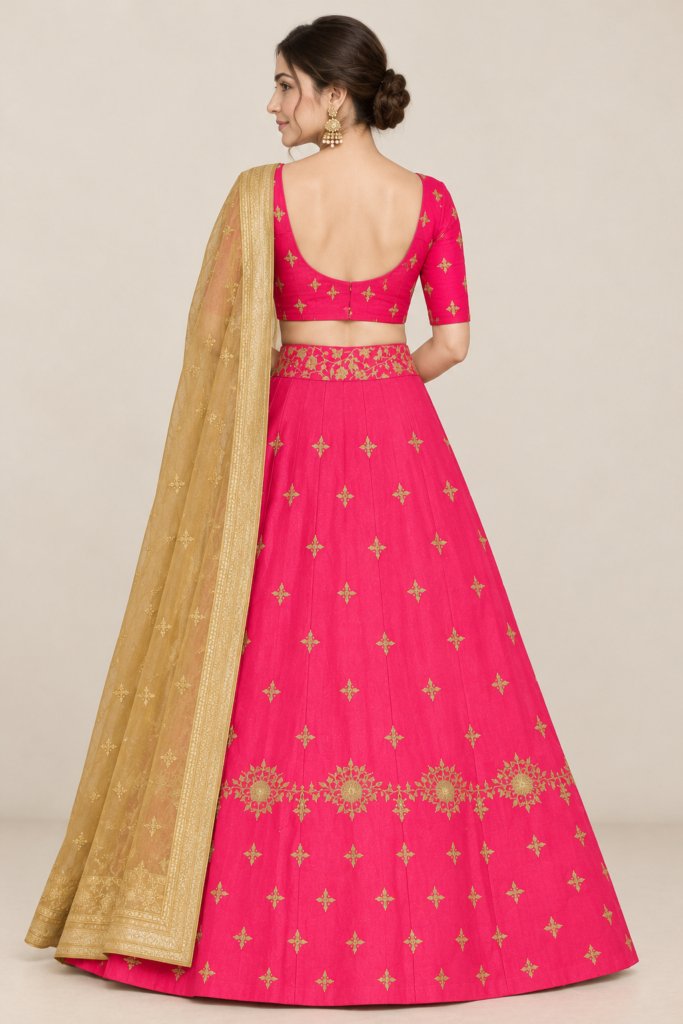 Royal Fuchsia Pink Lehenga Choli with Golden Zari Embroidered Dupatta