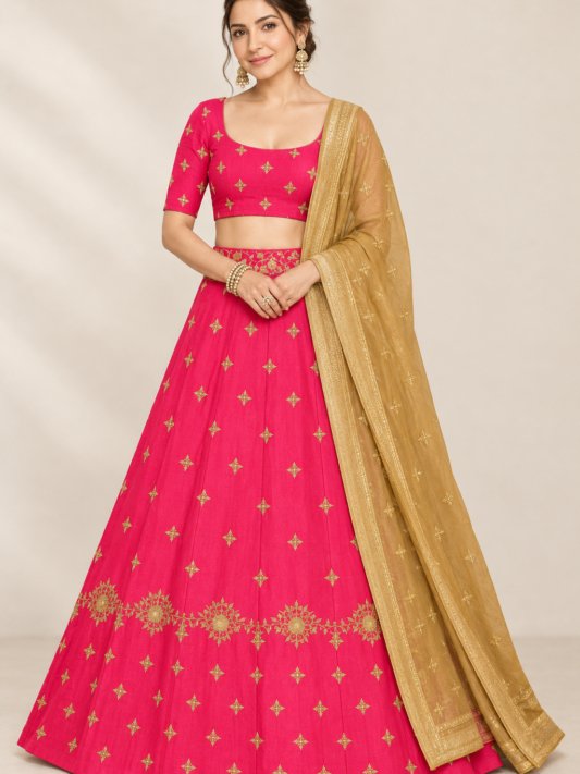Royal Fuchsia Pink Lehenga Choli with Golden Zari Embroidered Dupatta