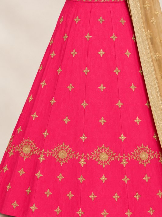 Royal Fuchsia Pink Lehenga Choli with Golden Zari Embroidered Dupatta