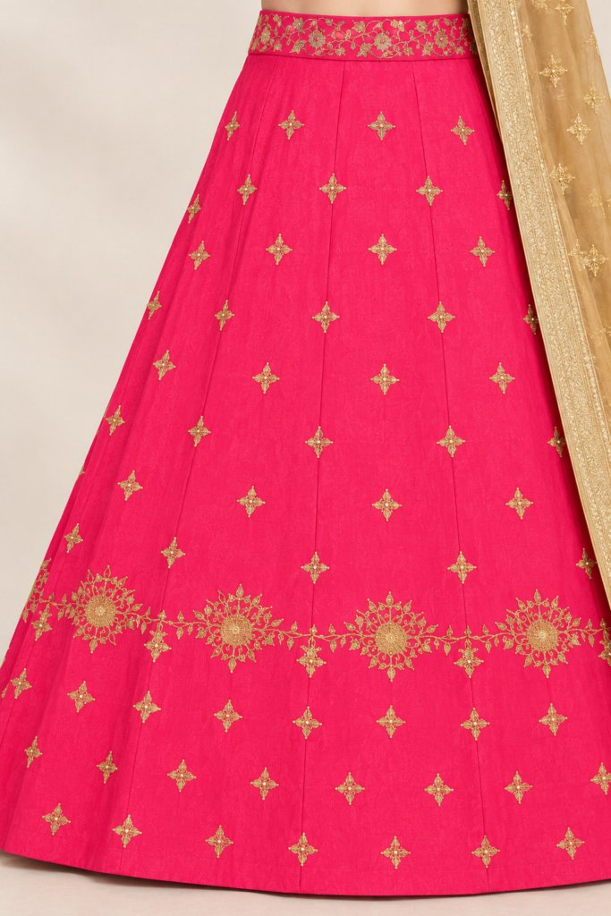 Royal Fuchsia Pink Lehenga Choli with Golden Zari Embroidered Dupatta