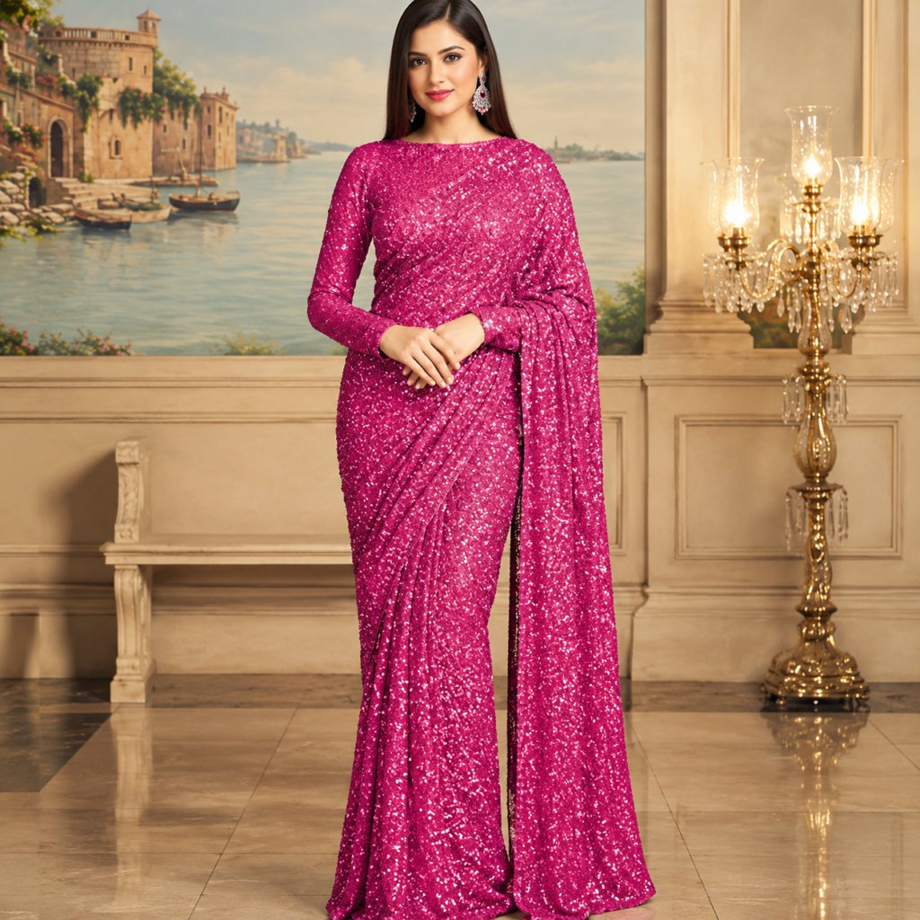 Isha Ambani Sabyasachi Pink Sequins Georgette Party Wear Saree With Blouse