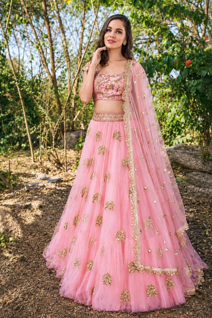 Chinnon Sequinse embroidery Semi-Stitched pink Lehenga choli & Dupatta