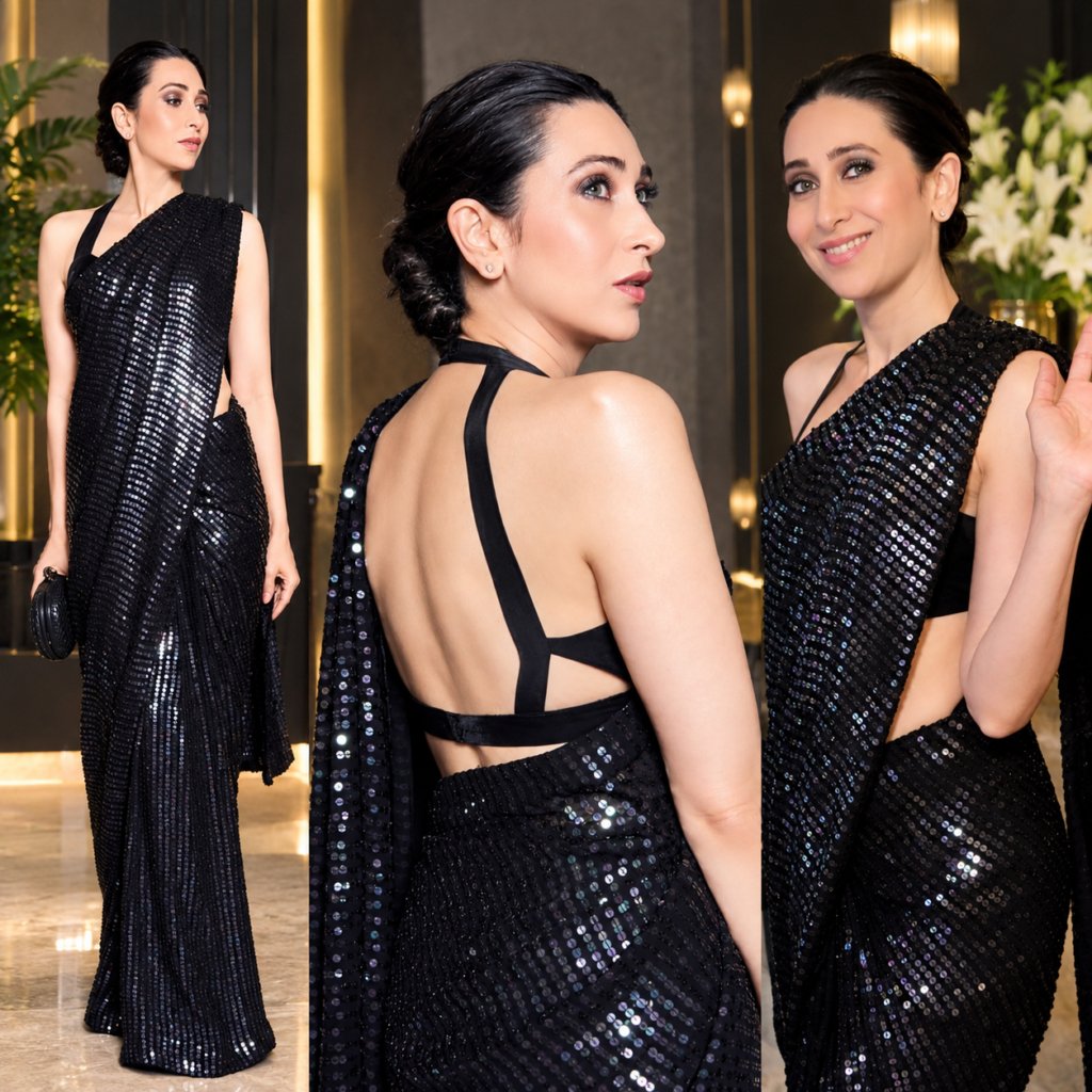 Karisma Kapoor Blue Color Heavy Georgette Embroidery Sequence Work Saree
