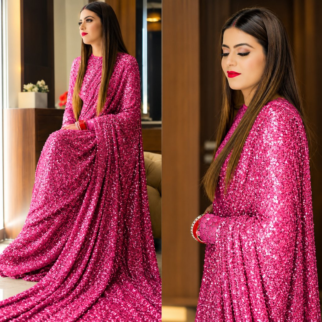 Isha Ambani Sabyasachi Pink Sequins Georgette Party Wear Saree With Blouse