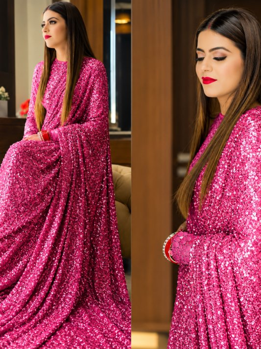 Isha Ambani Sabyasachi Pink Sequins Georgette Party Wear Saree With Blouse