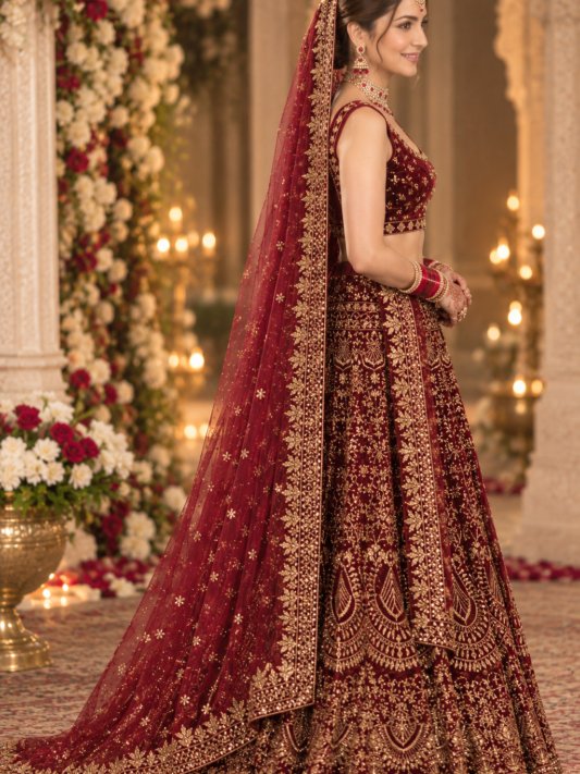 Royal Maroon Zari Velvet Bridal Lehenga Choli