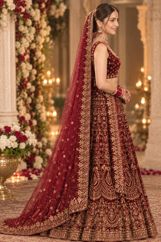 Royal Maroon Zari Velvet Bridal Lehenga Choli