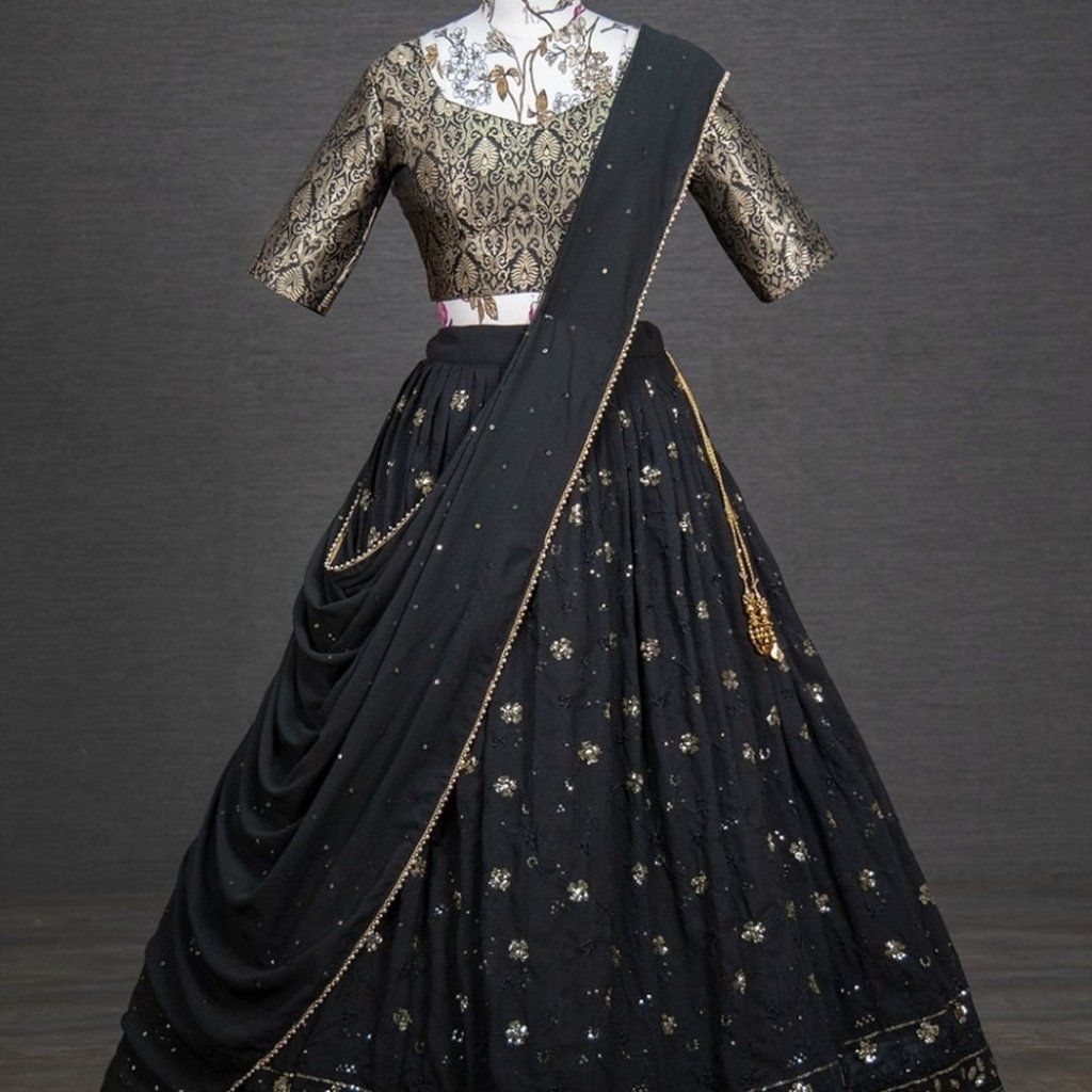 Embroidered Mirror Work Semi-Stitched Lehenga & Unstitched Blouse Tassels