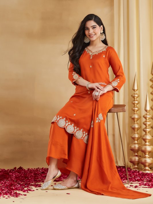 Rust Orange Embroidered Kurta Pant & Dupatta Set for Women
