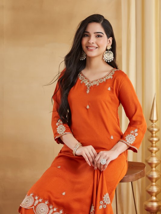 Rust Orange Embroidered Kurta Pant & Dupatta Set for Women