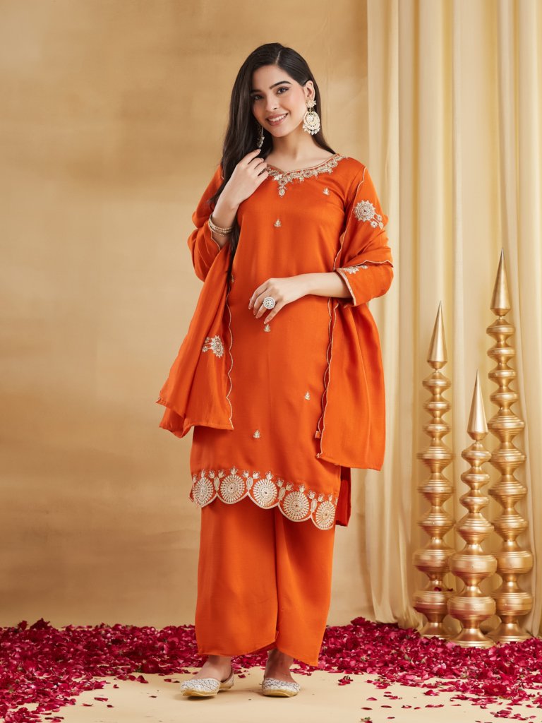 Rust Orange Embroidered Kurta Pant & Dupatta Set for Women
