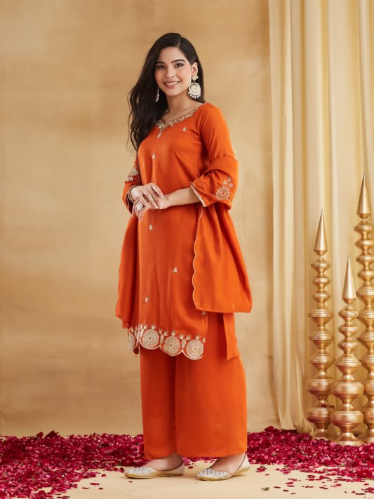 Rust Orange Embroidered Kurta Pant & Dupatta Set for Women