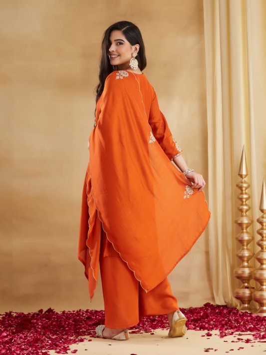 Rust Orange Embroidered Kurta Pant & Dupatta Set for Women