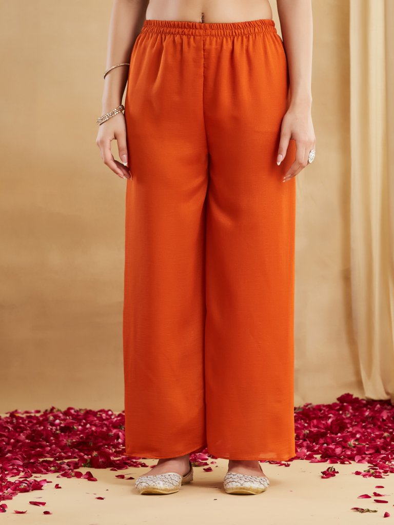 Rust Orange Embroidered Kurta Pant & Dupatta Set for Women
