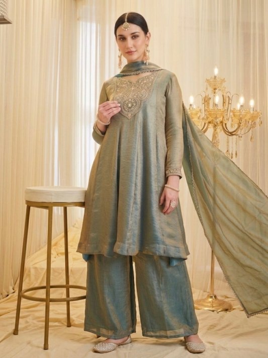 Kurta Palazzo And Dupatta Set Embroidered Silk Flared