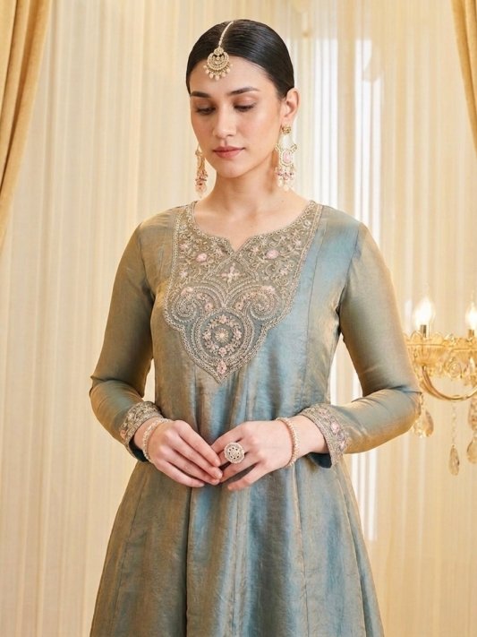 Kurta Palazzo And Dupatta Set Embroidered Silk Flared