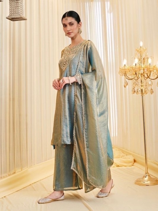 Kurta Palazzo And Dupatta Set Embroidered Silk Flared