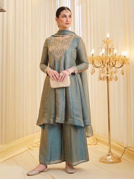 Kurta Palazzo And Dupatta Set Embroidered Silk Flared