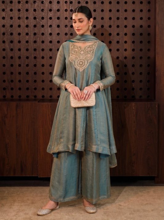 Kurta Palazzo And Dupatta Set Embroidered Silk Flared