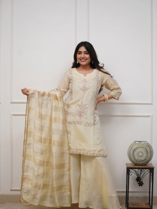 Women's Chiffon Embroidered Straight Top with Palazzos & Dupatta | 3 Piece