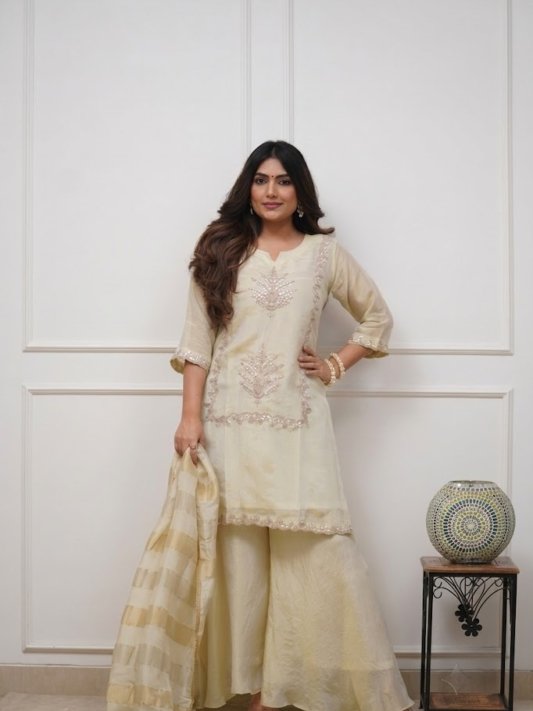 Women's Chiffon Embroidered Straight Top with Palazzos & Dupatta | 3 Piece