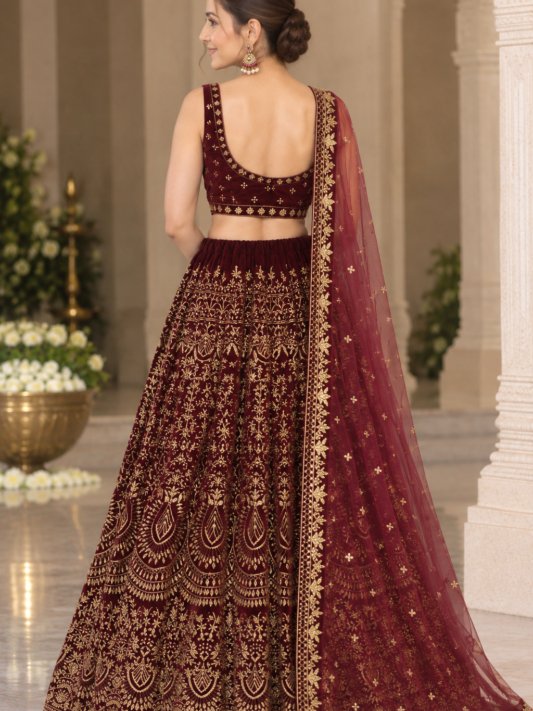 Royal Maroon Zari Velvet Bridal Lehenga Choli