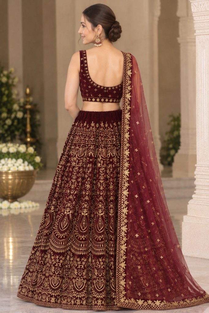 Royal Maroon Zari Velvet Bridal Lehenga Choli