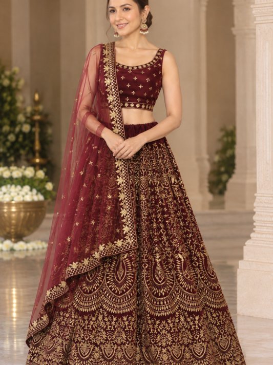 Royal Maroon Zari Velvet Bridal Lehenga Choli