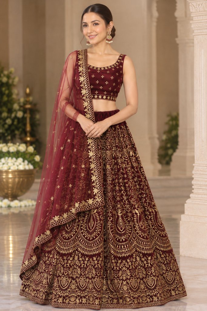 Royal Maroon Zari Velvet Bridal Lehenga Choli