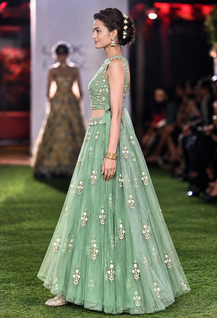 Glossy Light Green Colour Crop Top Lehenga Choli