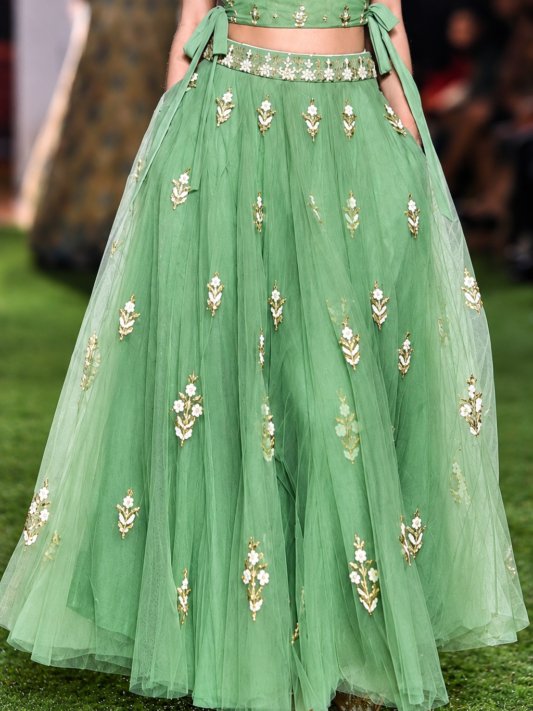 Glossy Light Green Colour Crop Top Lehenga Choli