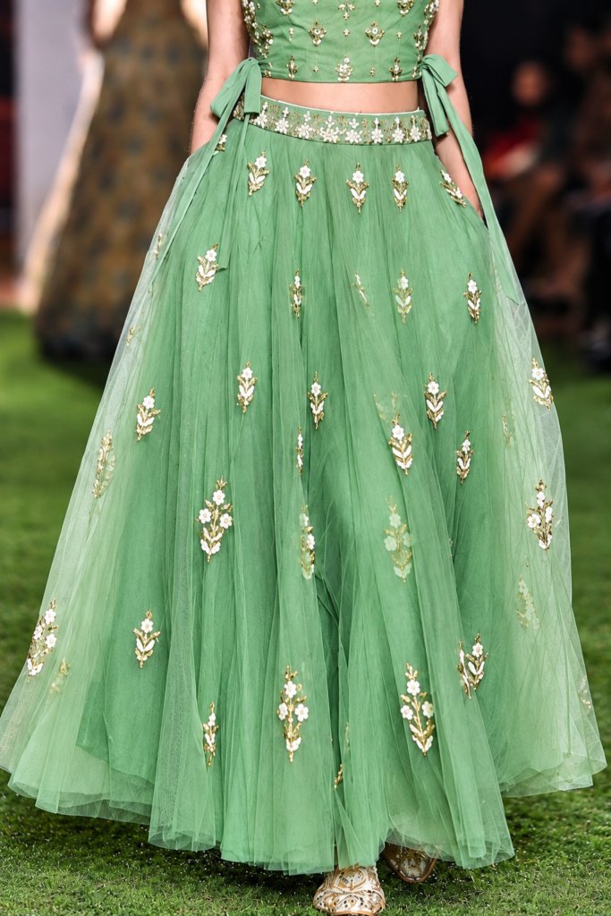 Glossy Light Green Colour Crop Top Lehenga Choli