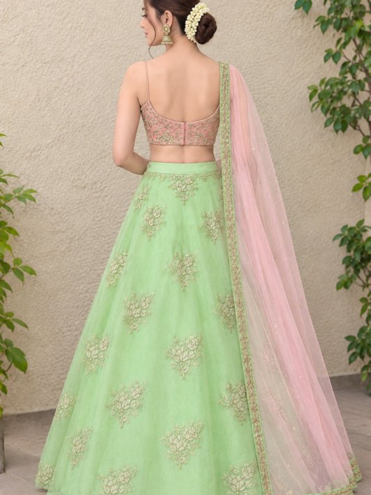 Pista Green Wedding & Party Designer Net Sequence Work Lehenga Choli
