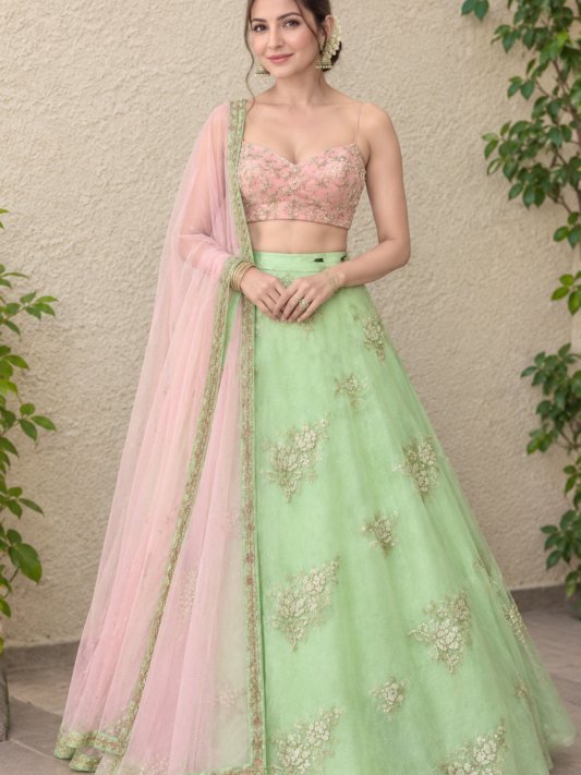 Pista Green Wedding & Party Designer Net Sequence Work Lehenga Choli