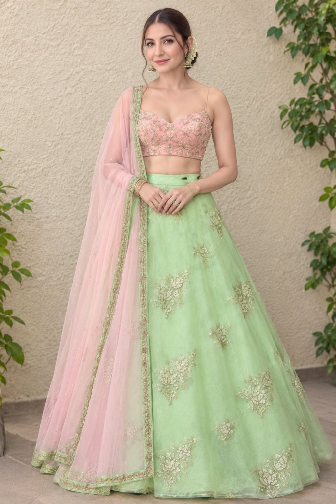 Pista Green Wedding & Party Designer Net Sequence Work Lehenga Choli