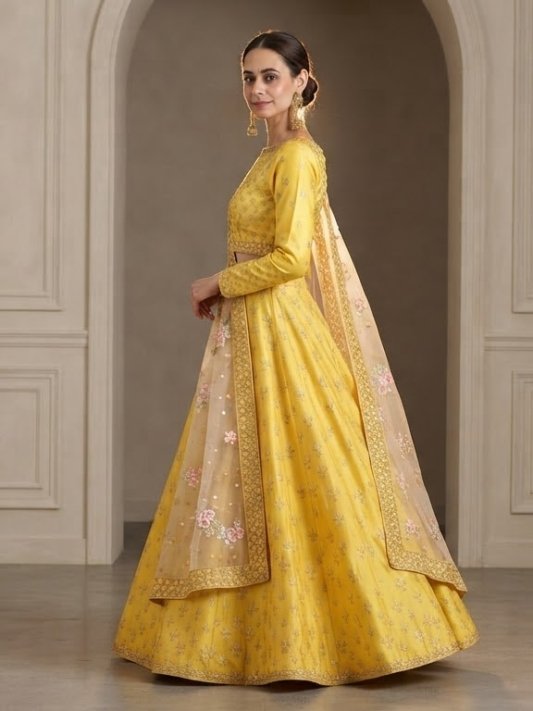 Haldi Rasam Lehenga Set With Zardosi Sequins Choli And Dupatta – view 12