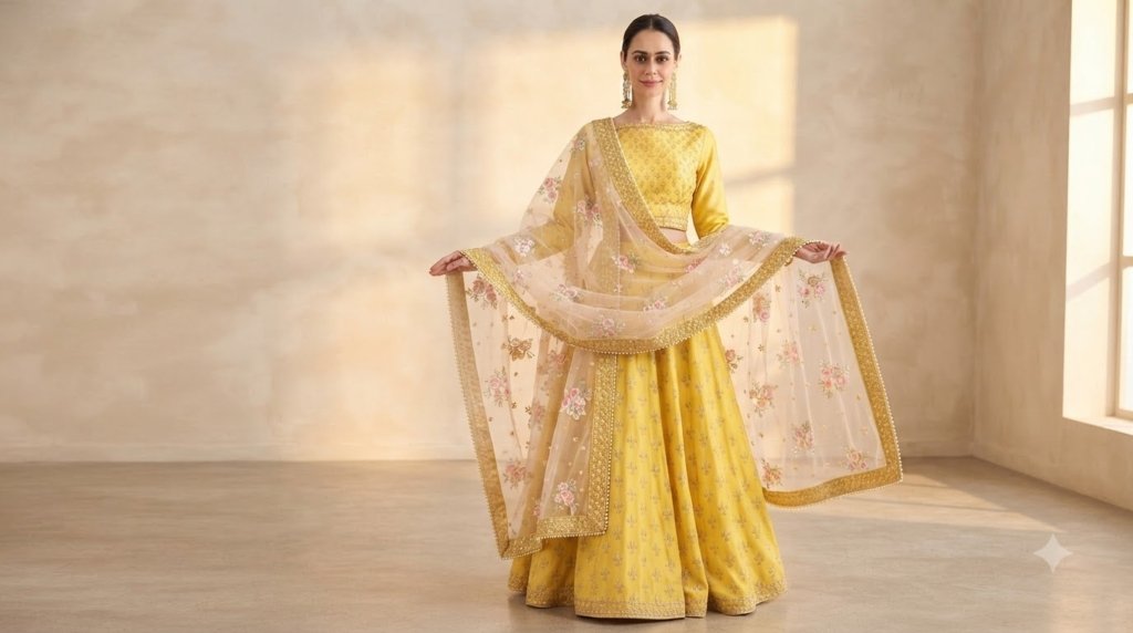 Haldi Rasam Lehenga Set With Zardosi Sequins Choli And Dupatta