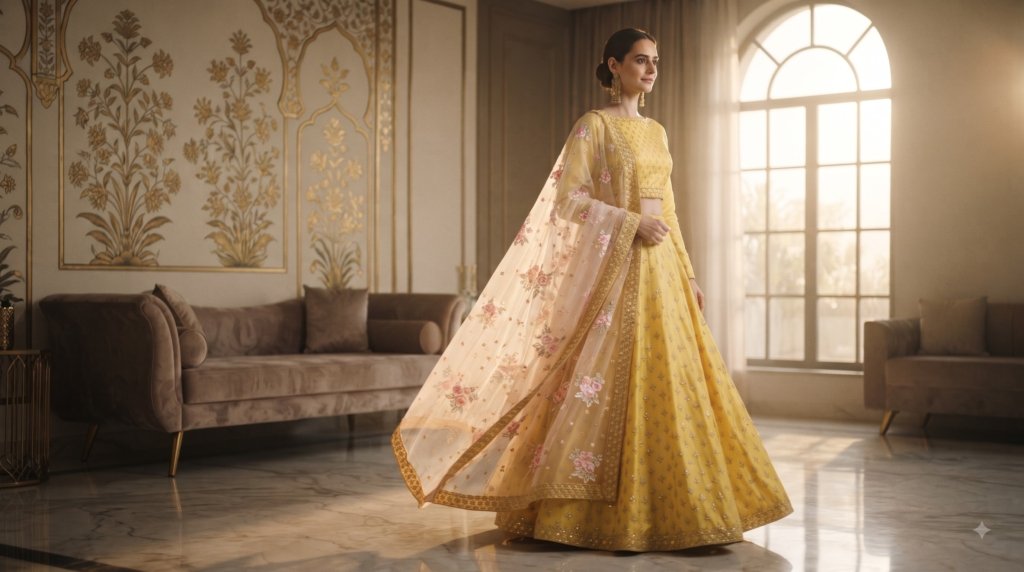 Haldi Rasam Lehenga Set With Zardosi Sequins Choli And Dupatta