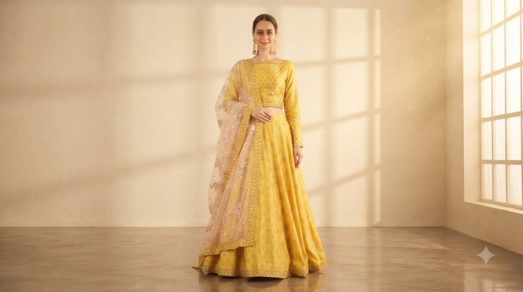 Haldi Rasam Lehenga Set With Zardosi Sequins Choli And Dupatta