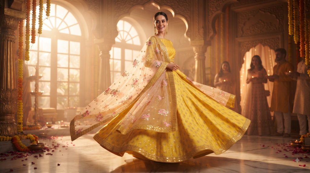 Haldi Rasam Lehenga Set With Zardosi Sequins Choli And Dupatta